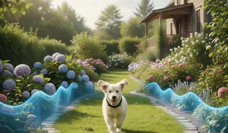 Happy dog running safely in the yard with an invisible fence system in Connecticut.