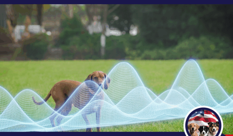 A happy Golden Retriever runs freely through a green, grassy yard, safely contained by an invisible electric dog fence, with a modern house visible in the background.