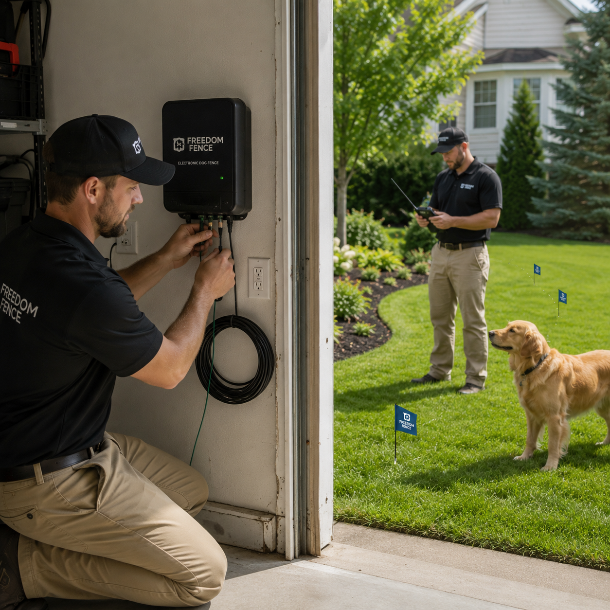 Freedom Fence technicians setting up and testing an underground dog fence system
