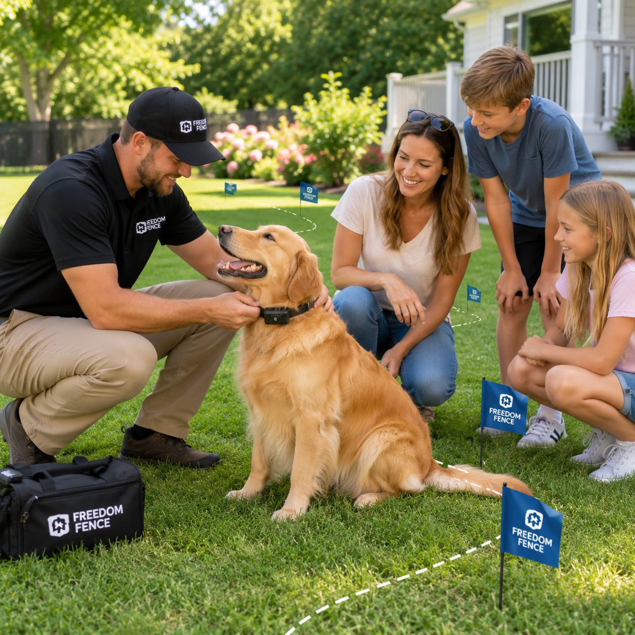 Freedom Fence dog trainer fitting a receiver collar and training a family and their dog