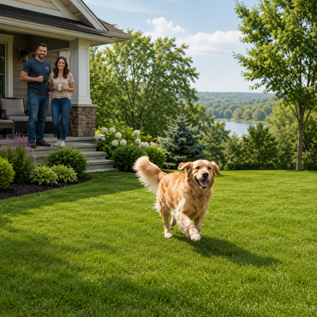 Happy dog enjoying a large open yard after Freedom Fence installation and training